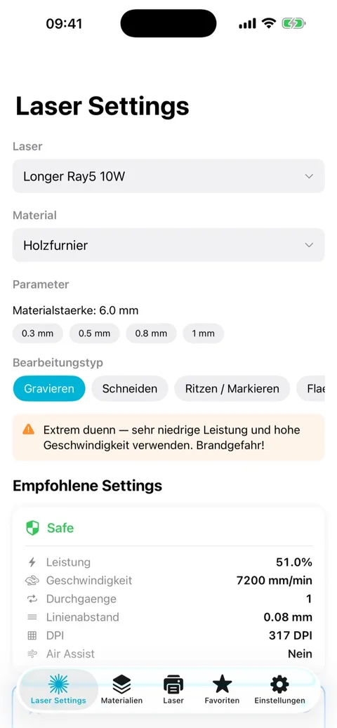 Screenshot BeamMate: Laser Settings für Longer Ray5 10W auf Holzfurnier mit Sicherheitswarnung und empfohlener Leistung, Geschwindigkeit und Durchgängen