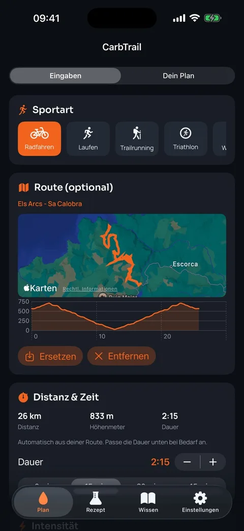 Screenshot CarbTrail: Eingaben-Screen mit Sportart-Auswahl, importierter Route Els Arcs – Sa Calobra samt Karte und Höhenprofil sowie Distanz 26 km, 833 Höhenmeter und 2:15 Dauer