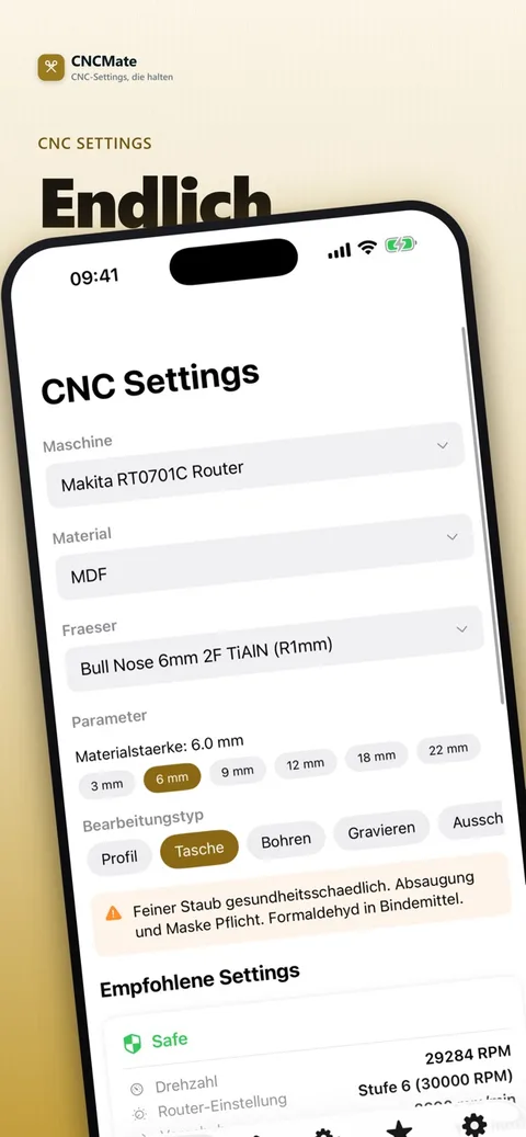 Screenshot CNCMate: Werbekachel CNC Settings – endlich mit Phone-Mockup vor der echten App-Oberfläche