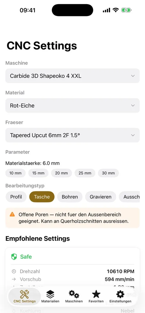 Screenshot CNCMate: CNC Settings für Shapeoko 4 XXL auf Rot-Eiche mit Warnhinweis zu offenen Poren und empfohlener Drehzahl und Vorschub
