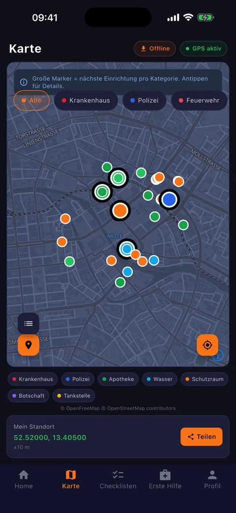 Screenshot Custos: Offline-Karte mit Markern für Krankenhaus, Polizei, Feuerwehr und Apotheke rund um den eigenen Standort