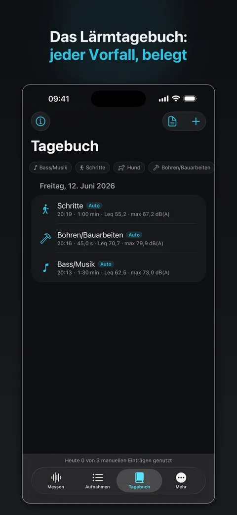 Screenshot MeterWorks Schallpegel: Lärmtagebuch-Liste mit Datum, Uhrzeit, Kategorie-Chips wie Bass/Musik, Hund und Bohren/Bearbeiten, Dauer und dB(A)-Pegel