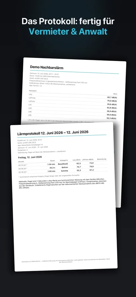 Screenshot MeterWorks Schallpegel: gestapelte PDF-Seiten „Lärmprotokoll 12. Juni 2026 – 12. Juni 2026“ mit Tabelle