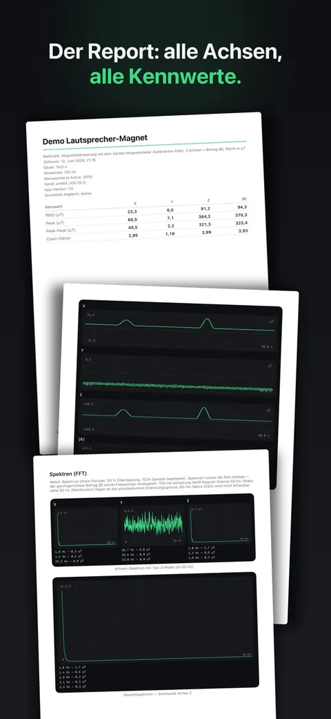 Screenshot MeterWorks Teslameter: gestapelte PDF-Seiten „Demo Lautsprecher-Magnet“ mit Diagrammen