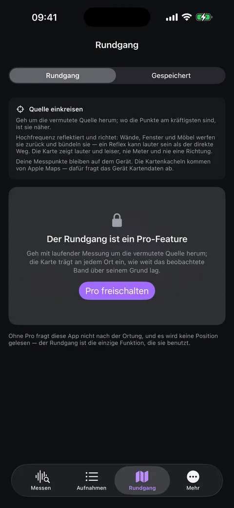 Screenshot MeterWorks Tonspektrum: Rundgang-Tab mit der Erklärung „Quelle einkreisen“ — um die vermutete Quelle herumgehen, die Karte zeigt lauter und leiser statt Metern oder Richtung; darunter der Pro-Freischalt-Hinweis
