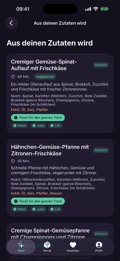 Screenshot Restezauber: zwei generierte Rezeptkarten mit Zeitangabe, Schwierigkeit und Passt-für-Tags