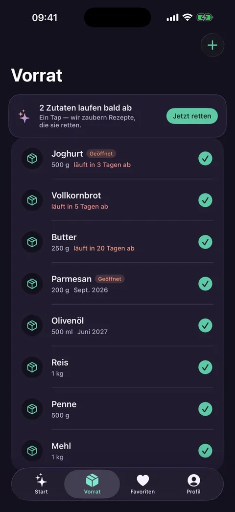 Screenshot Restezauber: Vorratsliste mit Ablauf-Hinweis und Artikeln wie Joghurt, Vollkornbrot, Butter, Parmesan
