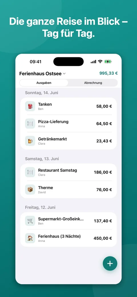 Screenshot Urlaubskasse: chronologische Ausgabenliste nach Tag mit Kategorien wie Tanken, Restaurant, Supermarkt