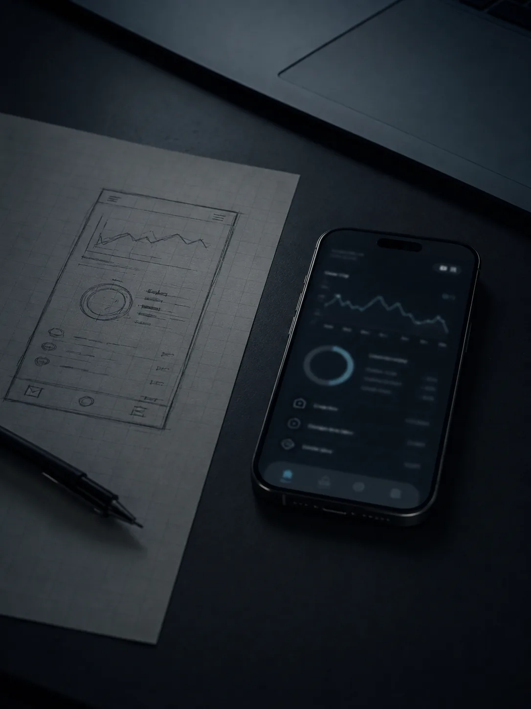Handskizze eines App-Screens neben einem Telefon mit dunkler Oberfläche